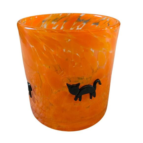 Halloween CAT Inlay Double Old Fashioned Glass Set of 2 Spooky Orange New - Picture 2 of 10